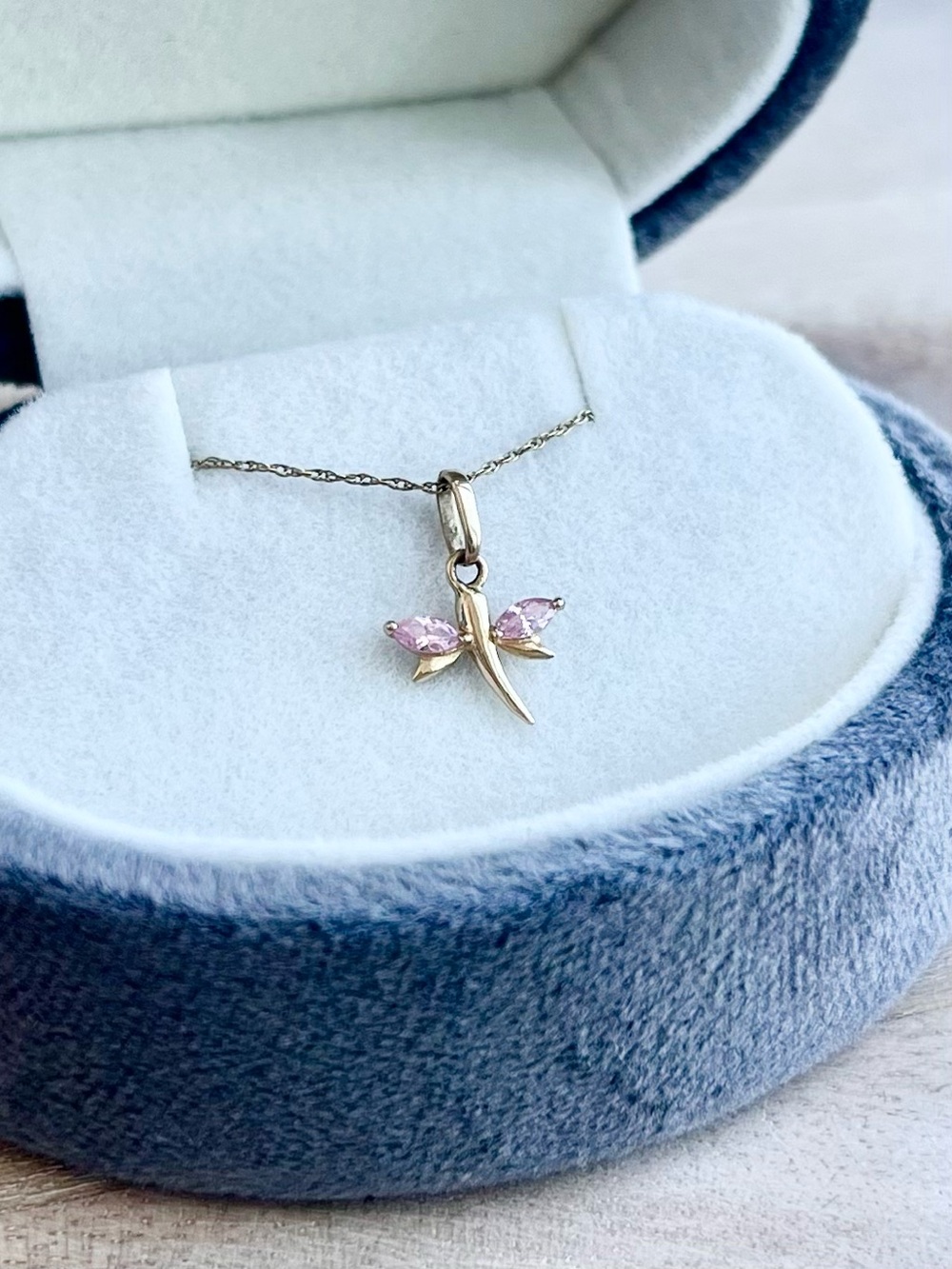 10KT Solid Gold Dragonfly Pendant Necklace with Pink Sapphires